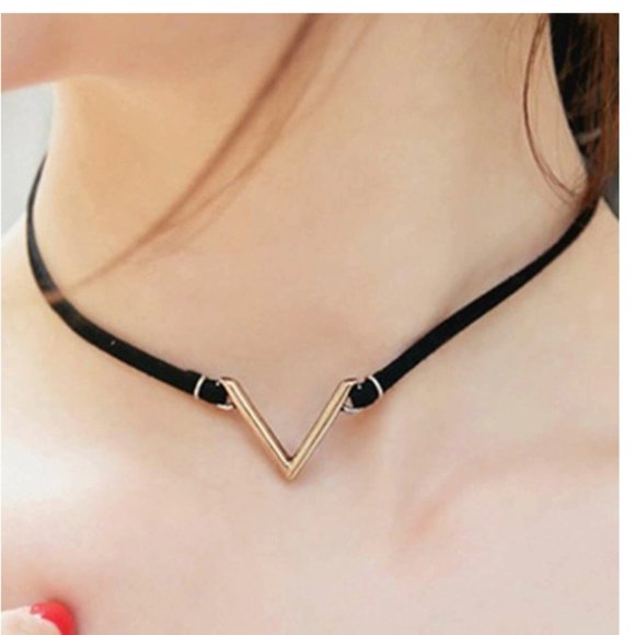 Jewelry - Gold V Black Faux Suede Leather Choker Necklace